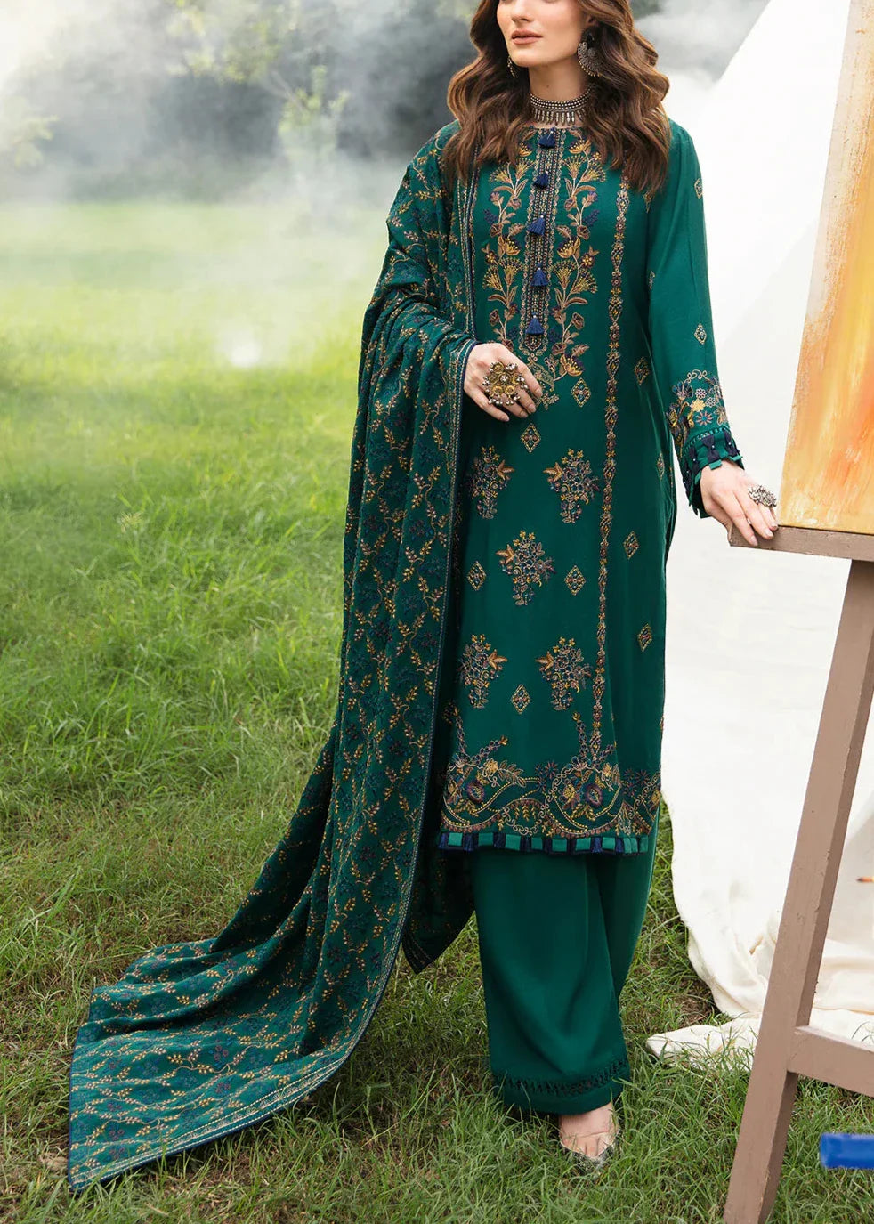 Grace Z-(W490)- Stitched Embroidered 3pc marina dress with Embroidered marina shawl.