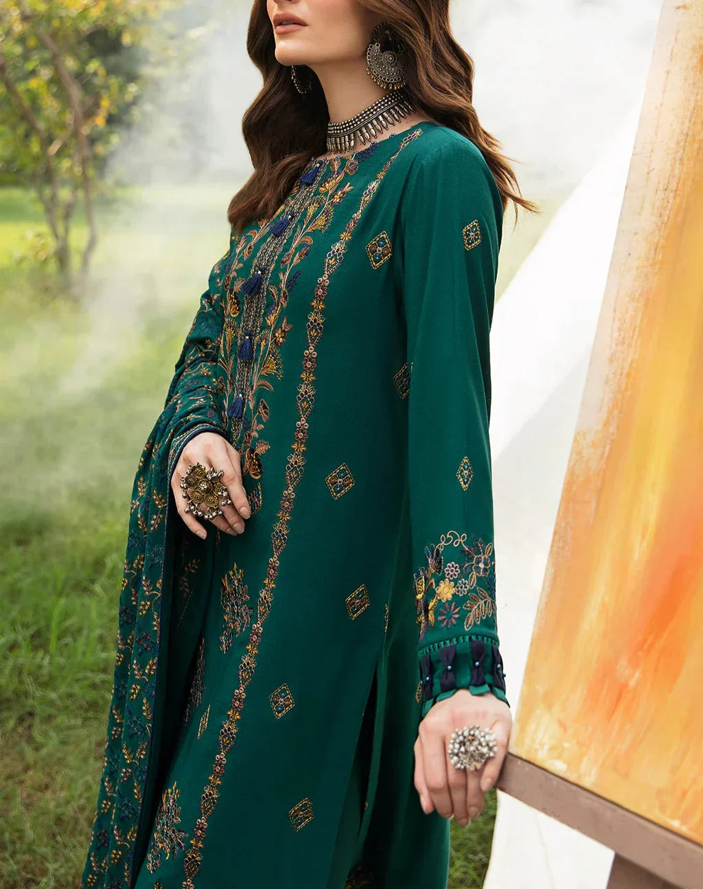 Grace Z-(W490)- Stitched Embroidered 3pc marina dress with Embroidered marina shawl.