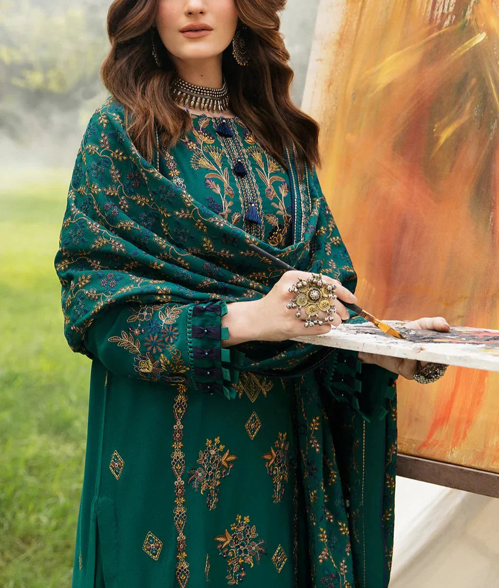 Grace Z-(W490)- Stitched Embroidered 3pc marina dress with Embroidered marina shawl.