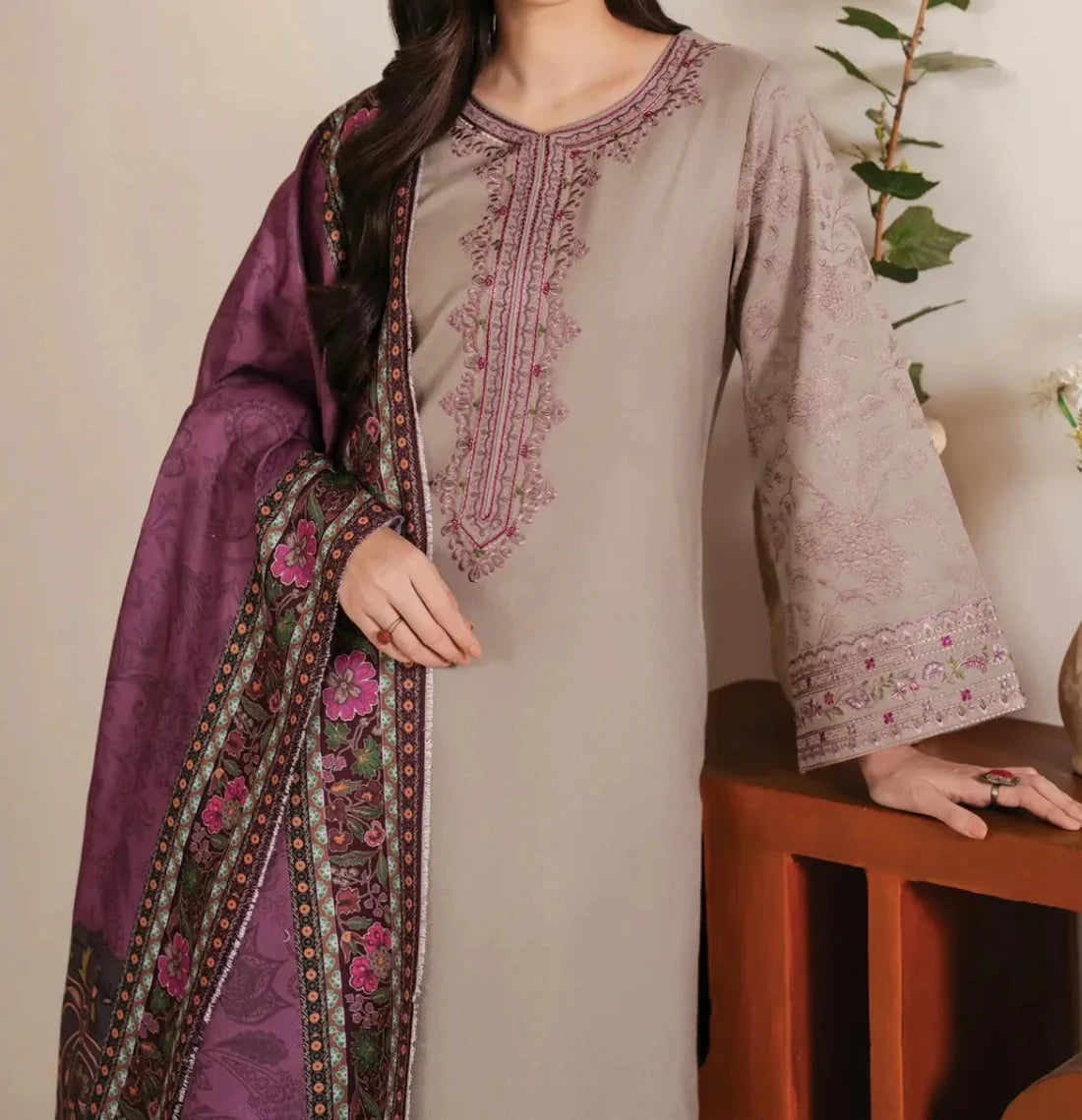 Grace Z-(W755 ) - Stitched Embroidered 3pc Marina Dress With Printed Shawl.