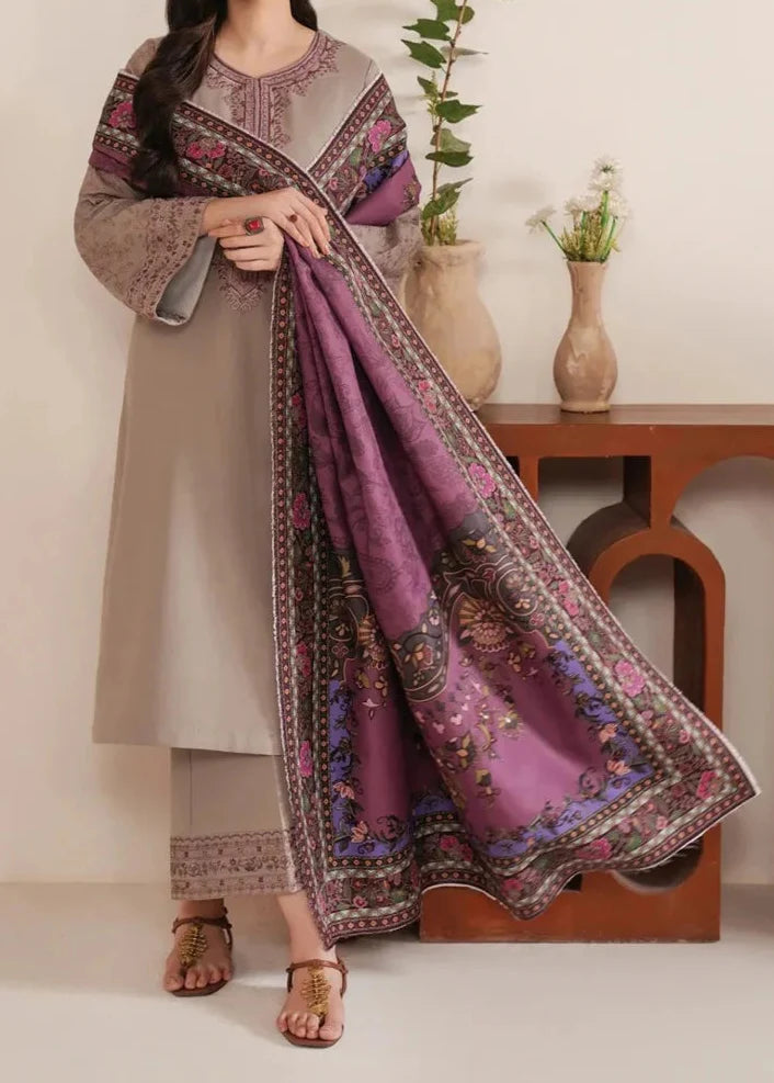 Grace Z-(W755 ) - Stitched Embroidered 3pc Marina Dress With Printed Shawl.