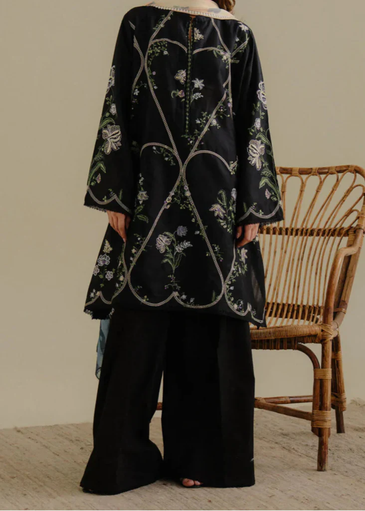 Grace Z-(W744) - Stitched Embroidered 3pc Marina Dress With Printed Shawl.