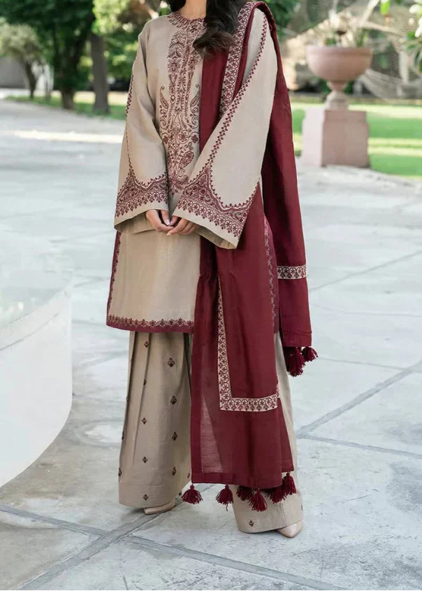 Grace Z-(W709) - Stitched Embroidered 3pc Marina Dress With Dyed Marina Shawl