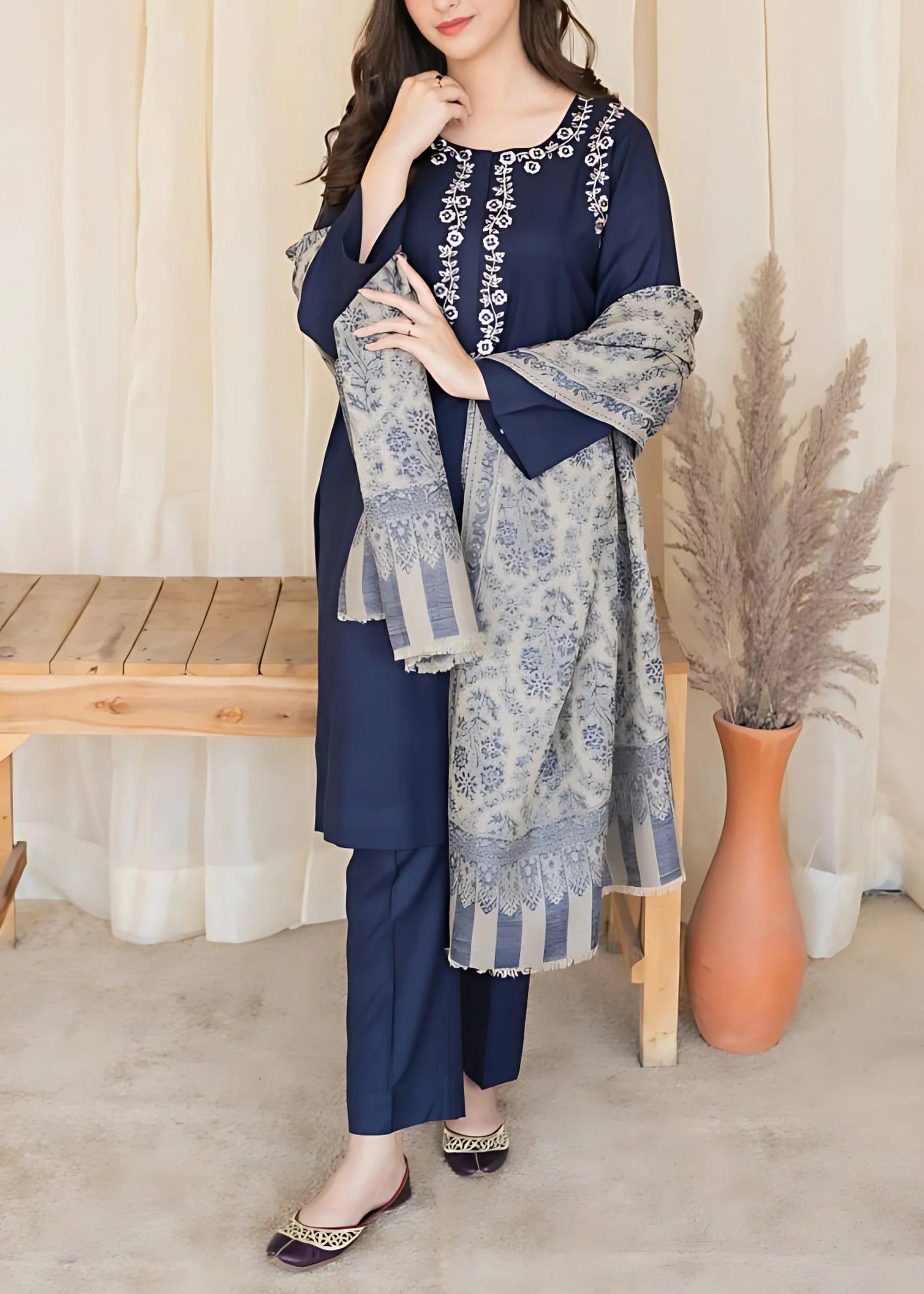 Grace W494-Embroidered 3pc khaddar dress With Printed Wool shawl.