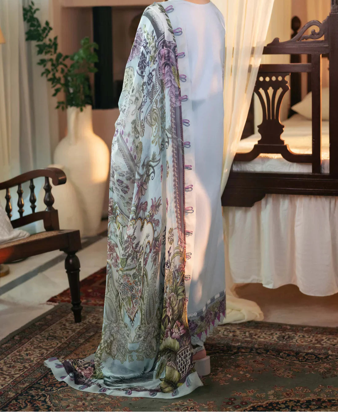 Grace S1240-Embroidered 3pc CHIKANKARI Lawn Dress With Printed Chiffon Dupatta.