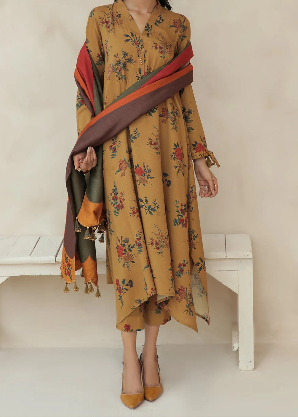 Grace W835 - Digital Printed 3pc Karandi Dress With Digital Printed Karandi Shawl.