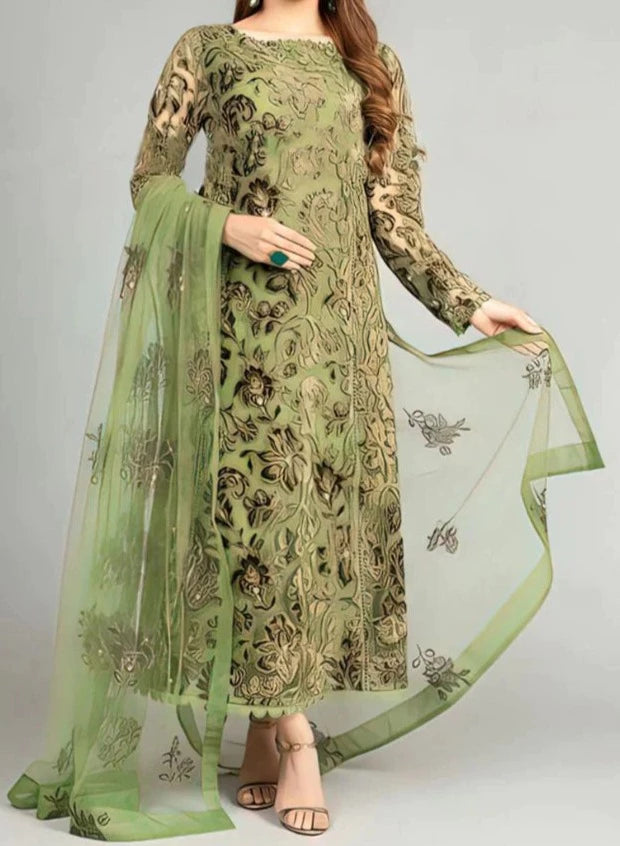 Grace W262- Embroidered 3pc linen dress with Embroidered Organza dupatta.