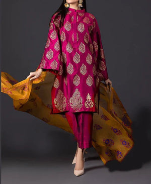 Grace W337-Embroidered 3pc Kataan Silk dress With Embroidered Organza dupatta.
