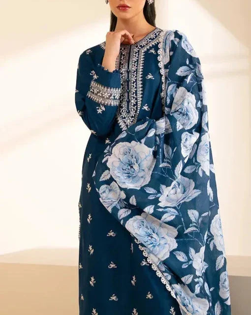 Grace Z-(W693) - Stitched Embroidered 3pc Linen Dress With Printed Shawl
