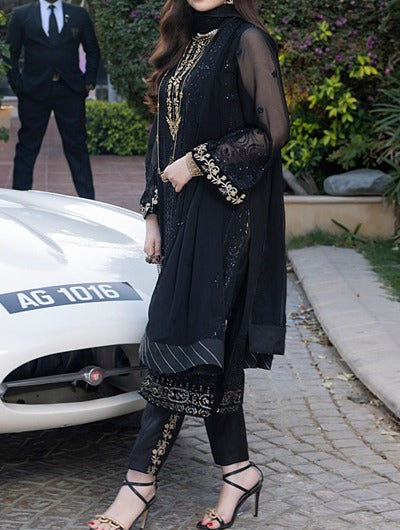 Velvet Black – Embroidered Chiffon Unstitched 3Pc Suit