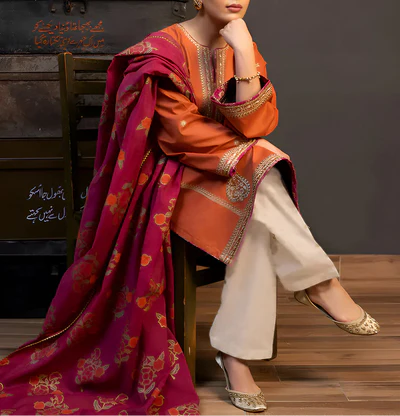 Grace Z(W566)- Stitched Embroidered 3pc Marina Dress With Printed Shawl.