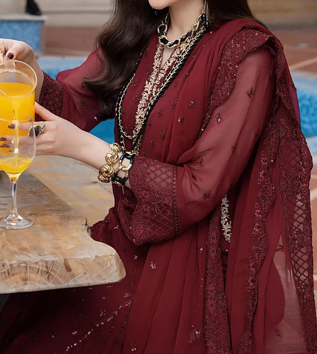 Grace Z - (SCARLET) - Stitched Embroidered Chiffon 3PC Suit.