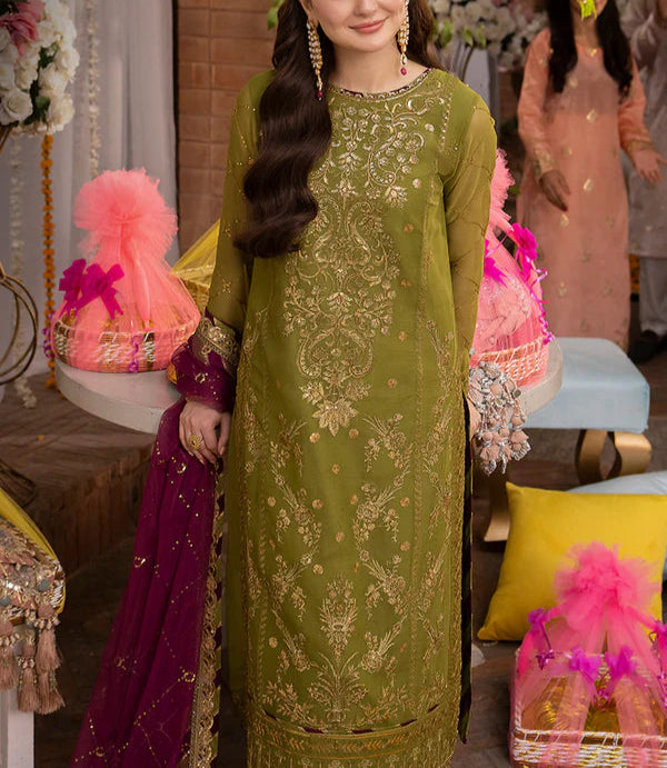 Grace W630- Embroidered 3pc Linen Dress with Embroidered Chiffon Dupatta.