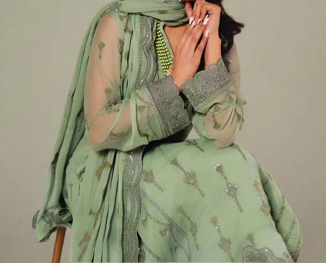 Grace Z-(CADET GRAY) -Stitched Embroidered chiffon 3Pc Suit