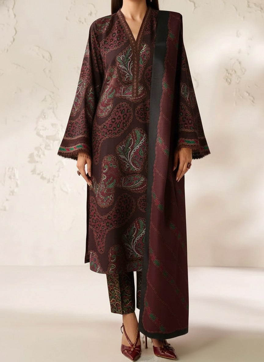 Grace Z-(W784 ) - Stitched Digital Printed 3pc Karandi Dress With Digital Printed Karandi Shawl.