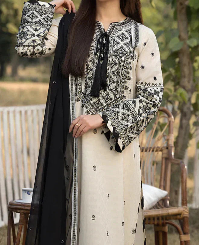 Grace Z(S1222)- Stitched Embroidered 3pc Lawn Dress With Embroidered Chiffon Dupatta.
