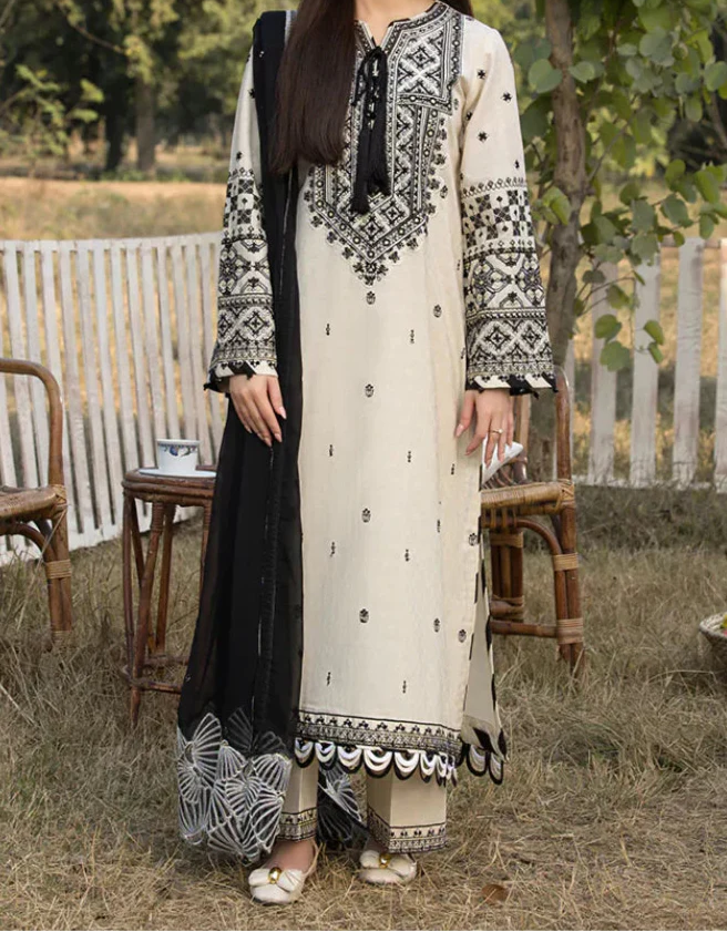 Grace Z(S1222)- Stitched Embroidered 3pc Lawn Dress With Embroidered Chiffon Dupatta.