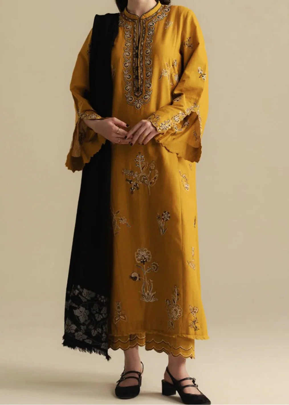 Grace Z-(W845) - Stitched Embroidered 3pc Marina Dress With Printed Shawl.