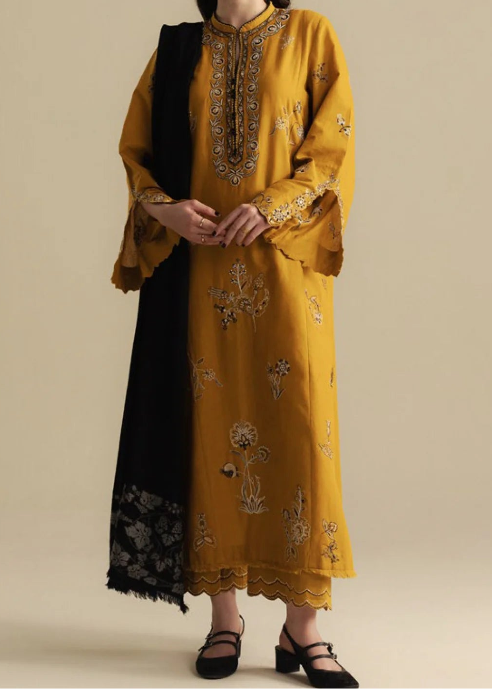 Grace W845-Embroidered 3pc Marina Dress With Printed Shawl.