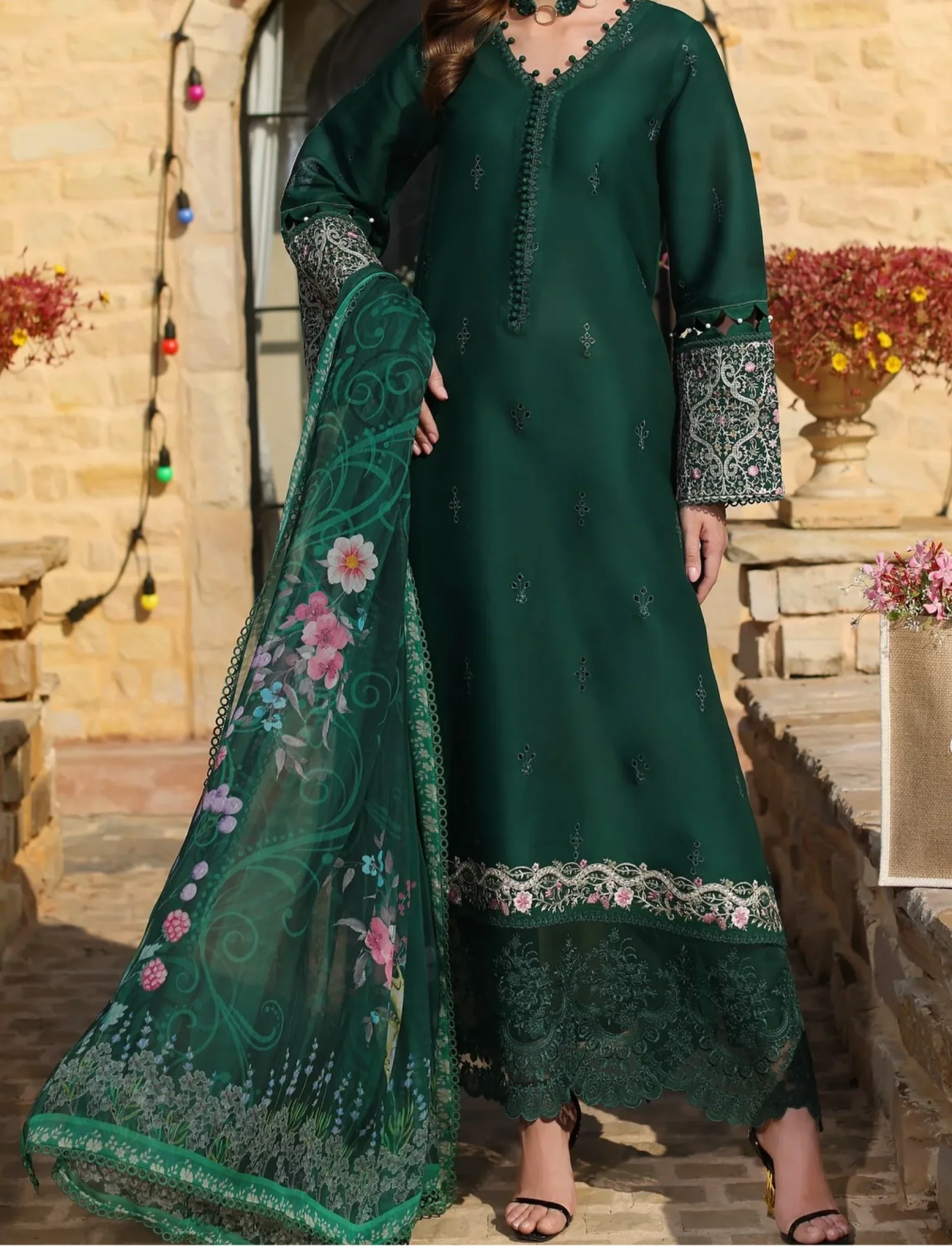 Grace Z-(S1230) - Stitched Embroidered 3pc CHIKANKARI Lawn Dress With Printed Munar Dupatta.