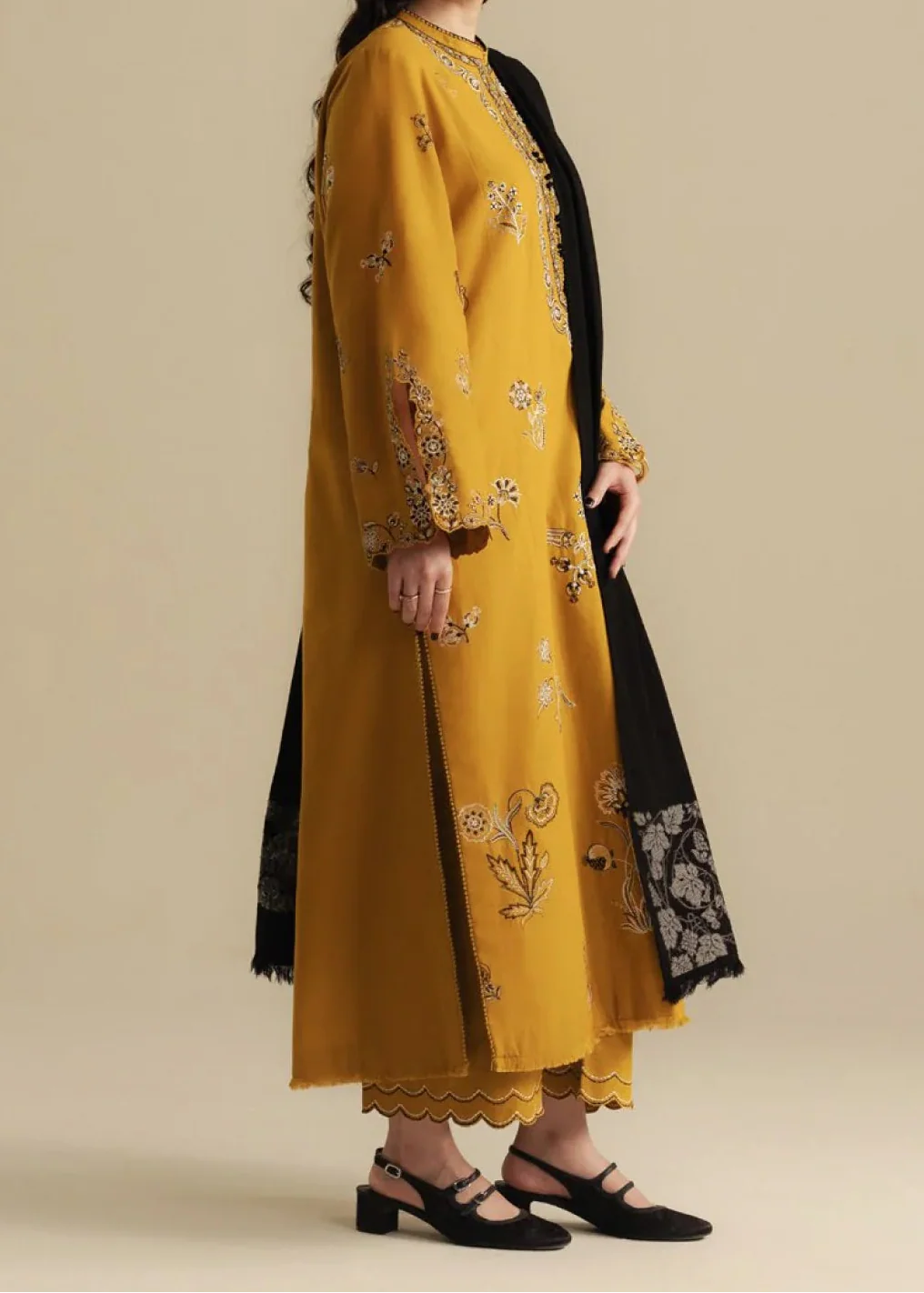 Grace Z-(W845) - Stitched Embroidered 3pc Marina Dress With Printed Shawl.