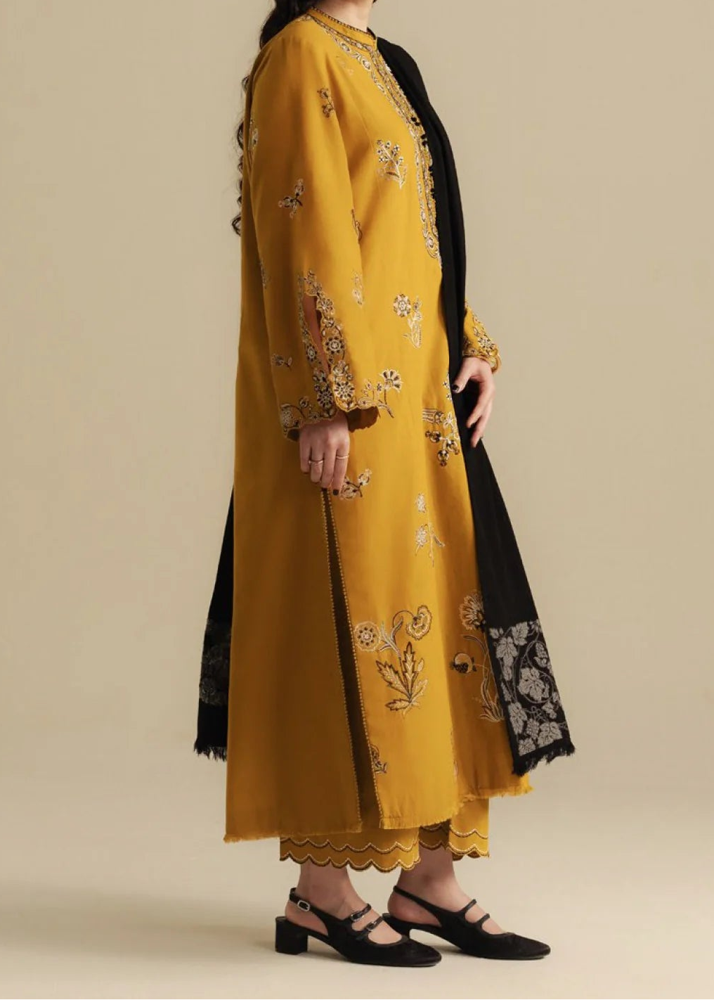 Grace W845-Embroidered 3pc Marina Dress With Printed Shawl.