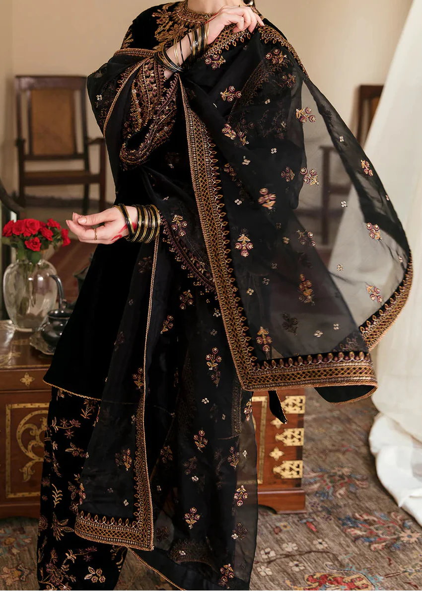 Grace Z-(W824) - Stitched Embroidered 3pc Velvet Dress Dress With Embroidered Organza Dupatta.