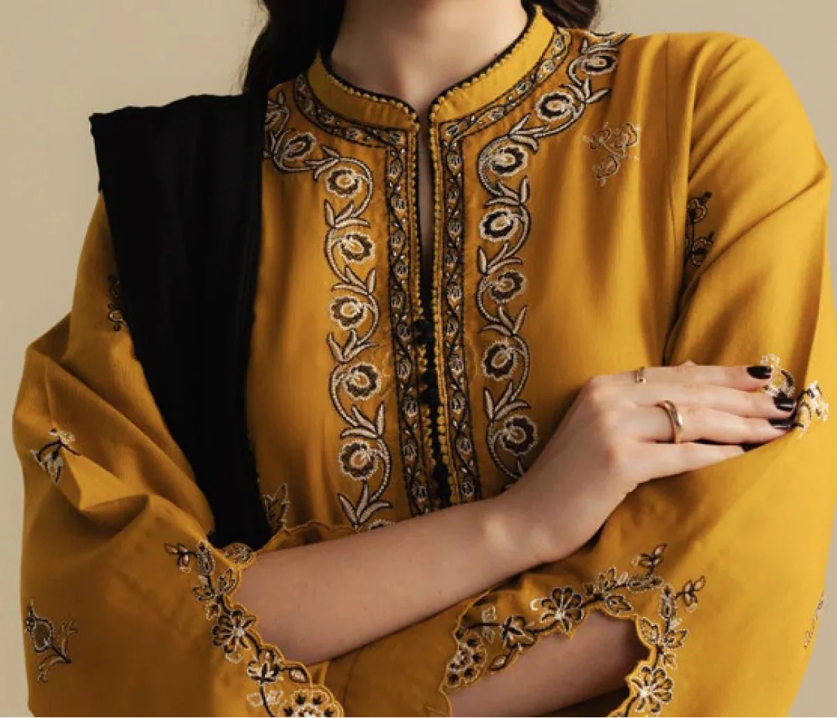 Grace Z-(W845) - Stitched Embroidered 3pc Marina Dress With Printed Shawl.