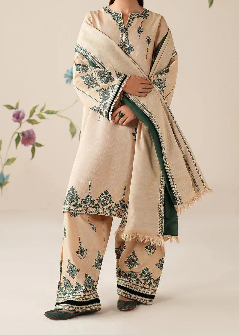 Grace Z-(W861) - Stitched Embroidered 3pc Marina Dress With Printed Shawl.