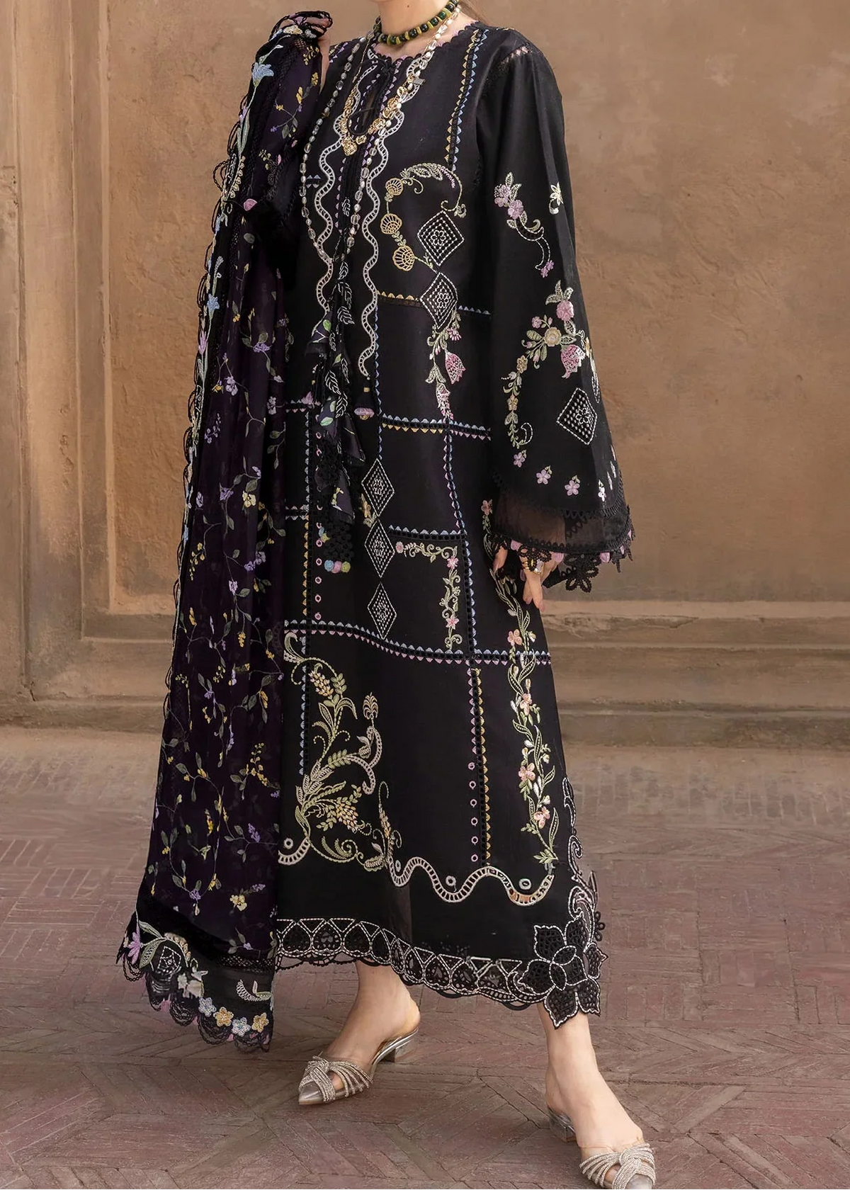 Grace Z-(S1458) - Stitched Embroidered 3pc CHIKANKARI Lawn Dress With Printed Lawn Dupatta.