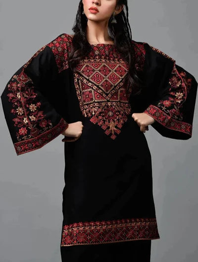 Grace W338-Embroidered 3pc khaddar dress With Plain dyed Wool Shawl.