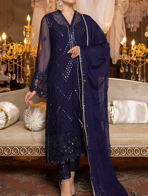 Navy Blue – Embroidered Chiffon Unstitched 3Pc Suit