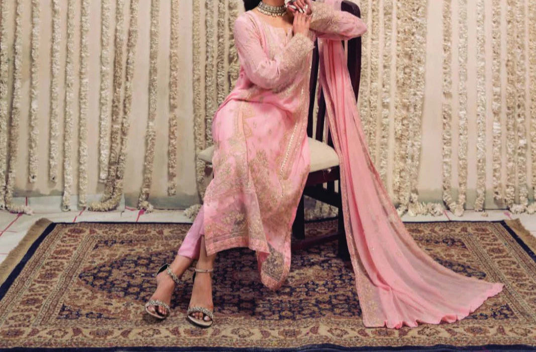 Grace Z-(SILKEN BEIGE) -Stitched Embroidered chiffon 3Pc Suit