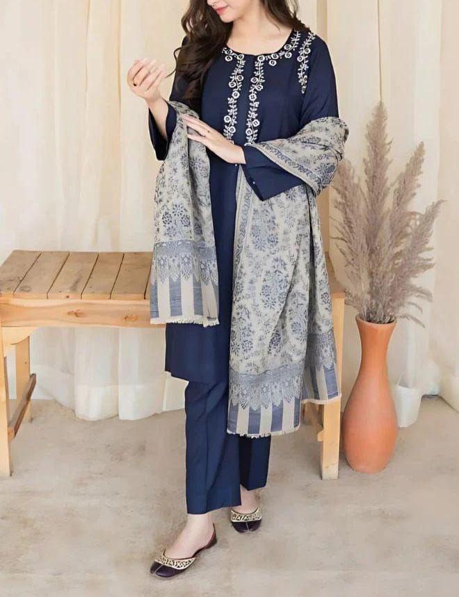 Grace W494-Embroidered 3pc khaddar dress With Printed Wool shawl.