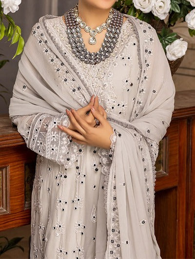 Stitched Cloud Gray – Embroidered Chiffon Stitched 3Pc Suit