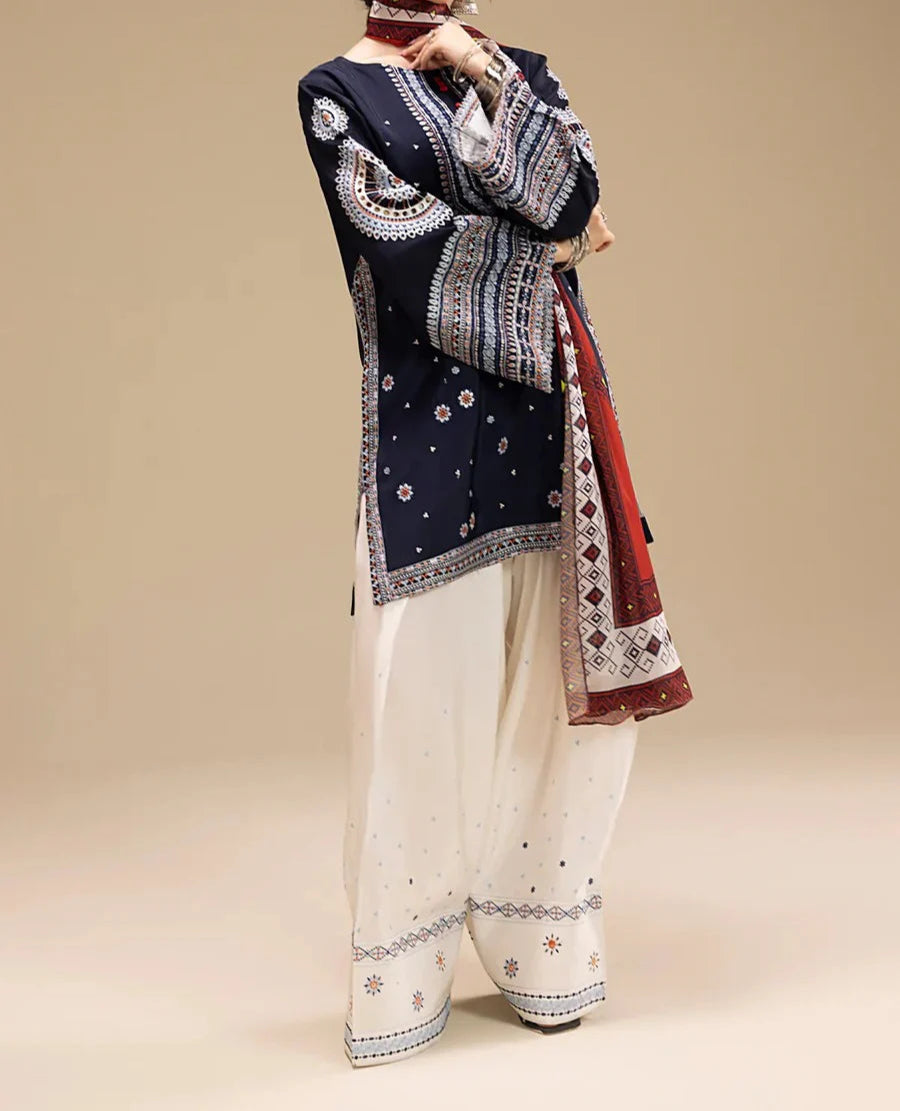 Grace W694-Embroidered 3pc Linen Dress With Printed Shawl