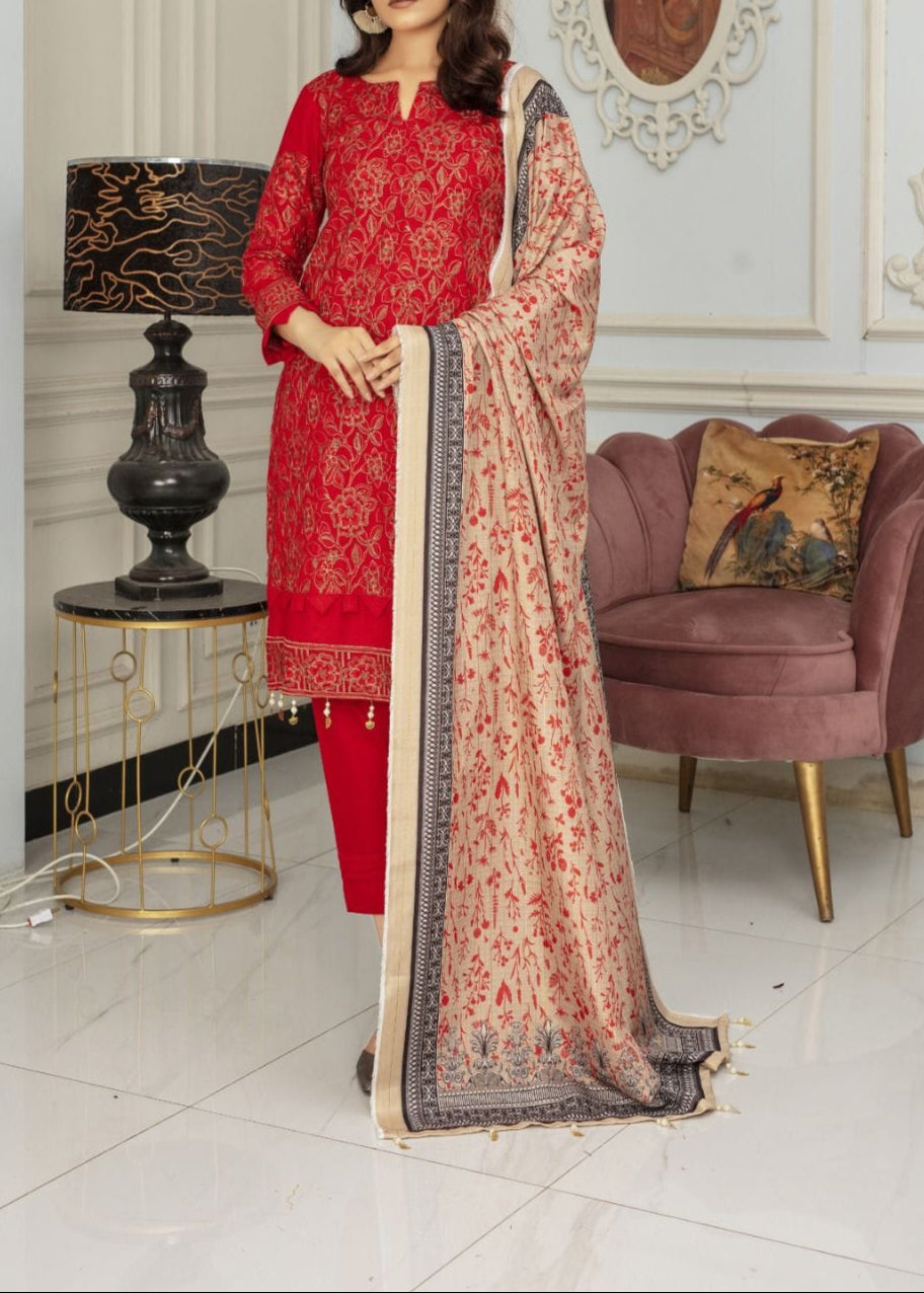 Grace W659-Embroidered 3pc Marina Dress With Printed Karandi Shawl.