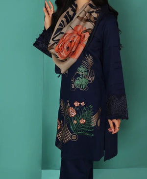 Grace W308- Embroidered 3pc Linen dress with printed shawl.