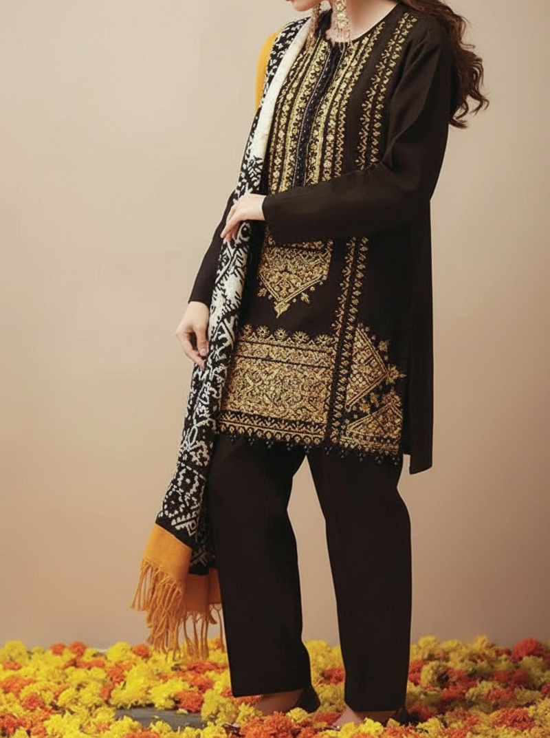 Grace W102 -Embroidered 3pc khaddar dress with printed shawl.