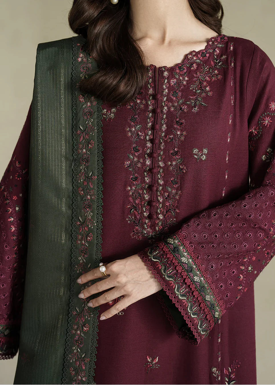 Grace Z-(W976) - Stitched Embroidered 3pc Marina Dress With Printed Shawl.
