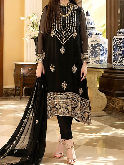 Leather Black – Embroidered Chiffon Unstitched 3Pc Suit