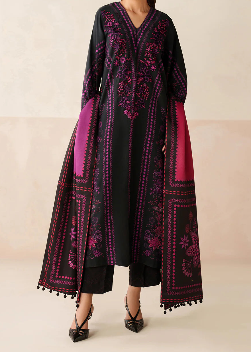 Grace W945 - Embroidered &amp; Printed 3pc Karandi Dress With Digital Printed Karandi Shawl.