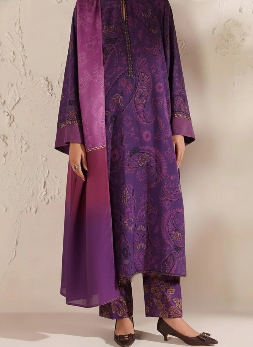 Grace W884 - Digital Printed 3pc Karandi Dress With Digital Printed Karandi Shawl.