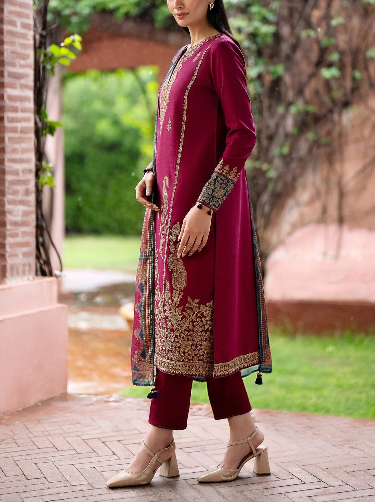 Grace W599-Embroidered 3pc Marina Dress With Printed Shawl.