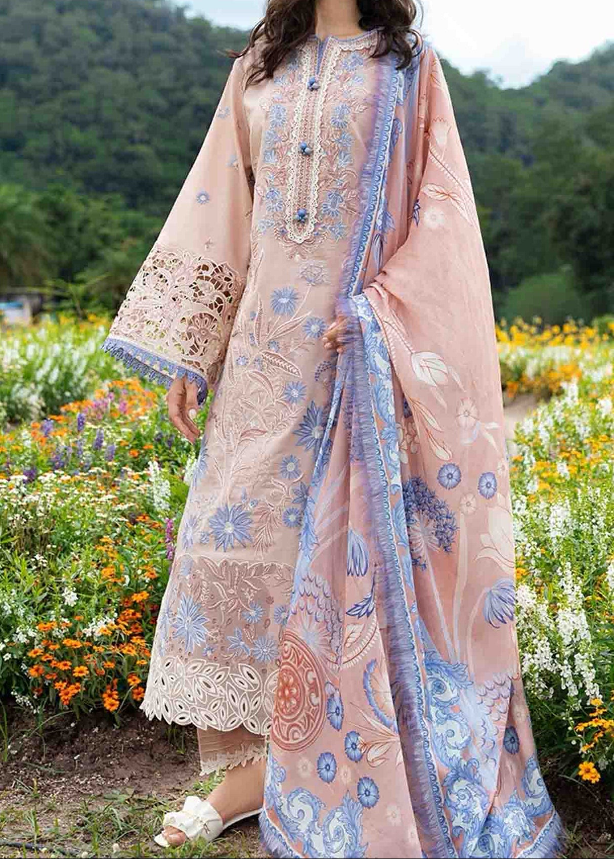 Grace W1044 - Embroidered 3pc Marina Dress With Printed Shawl.