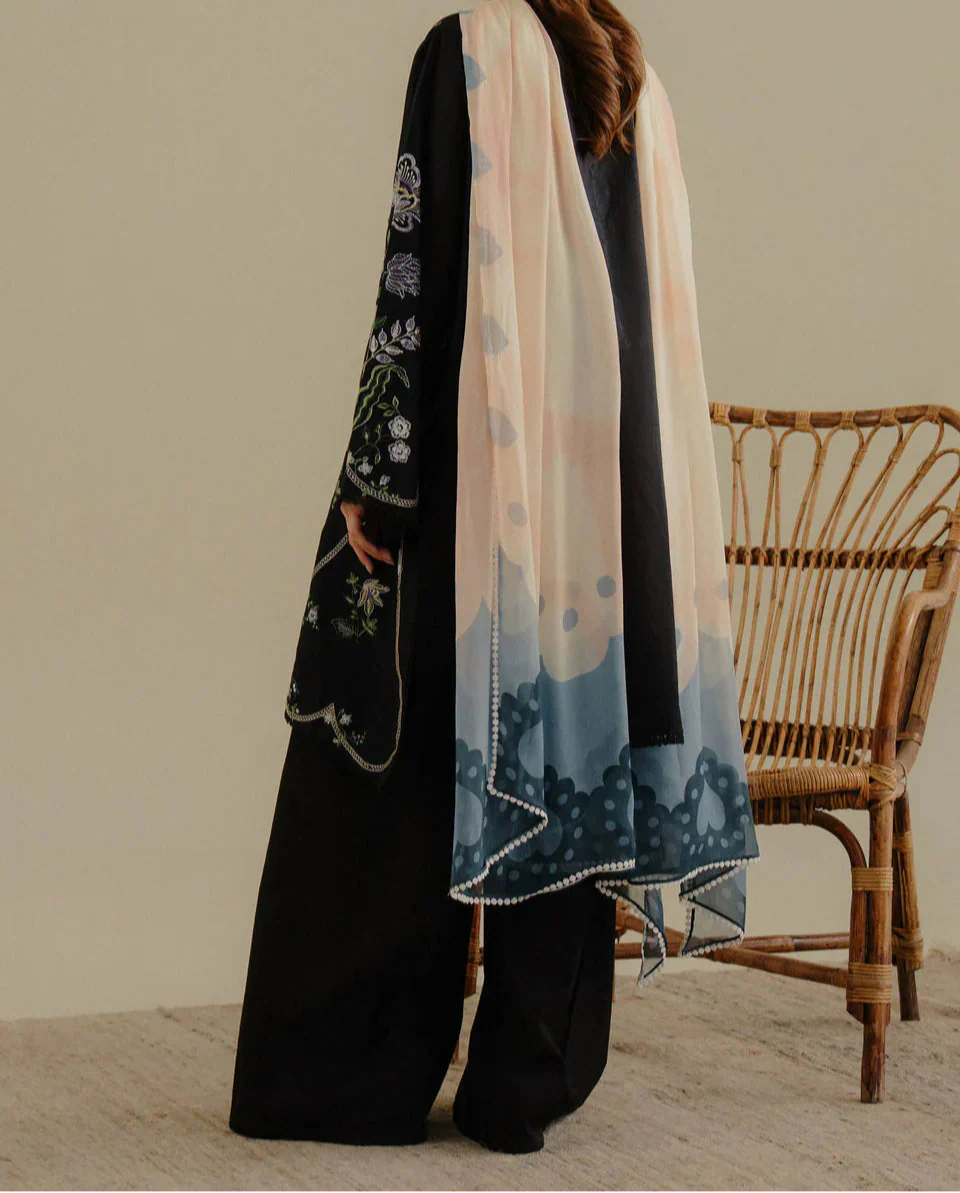 Grace Z-(W744) - Stitched Embroidered 3pc Marina Dress With Printed Shawl.