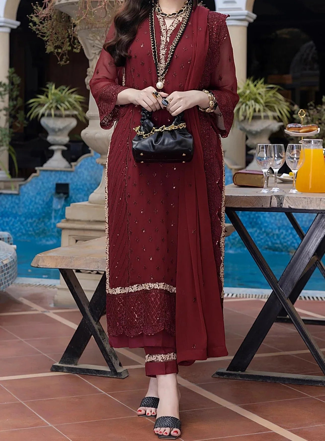 Grace Z - (SCARLET) - Stitched Embroidered Chiffon 3PC Suit.