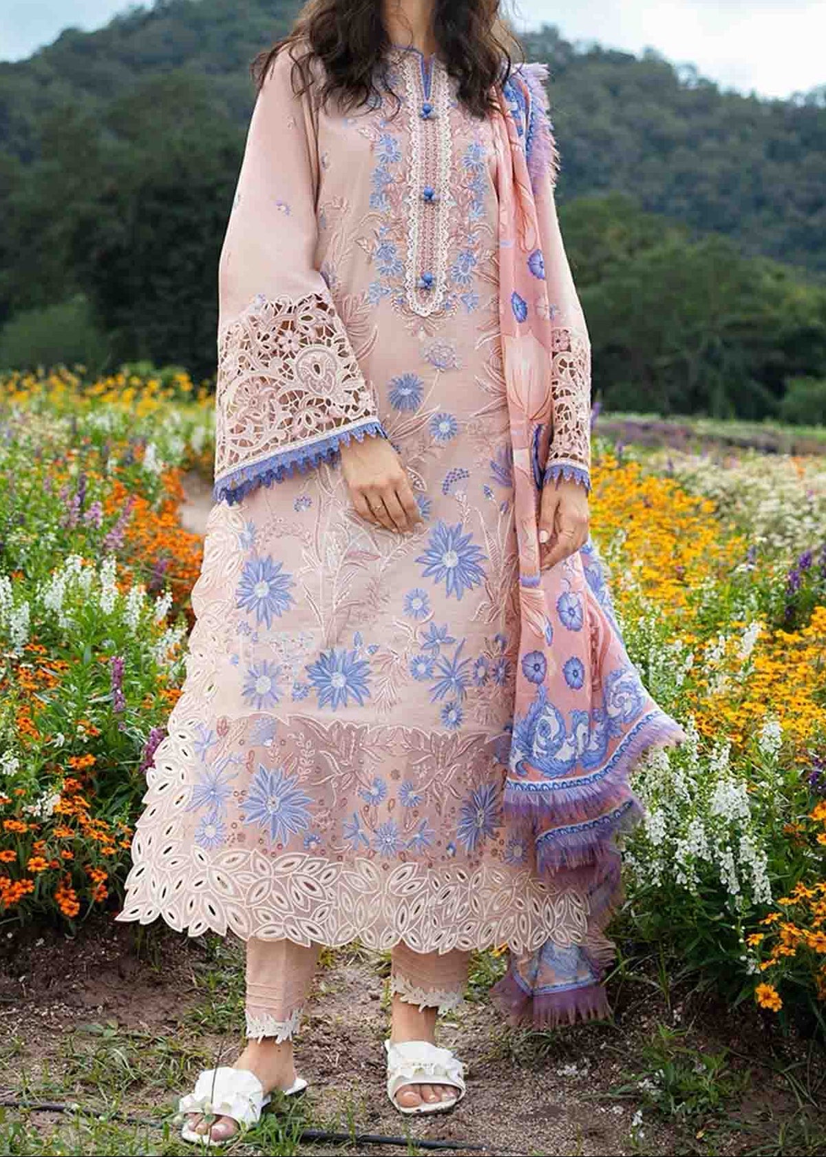 Grace W1044 - Embroidered 3pc Marina Dress With Printed Shawl.