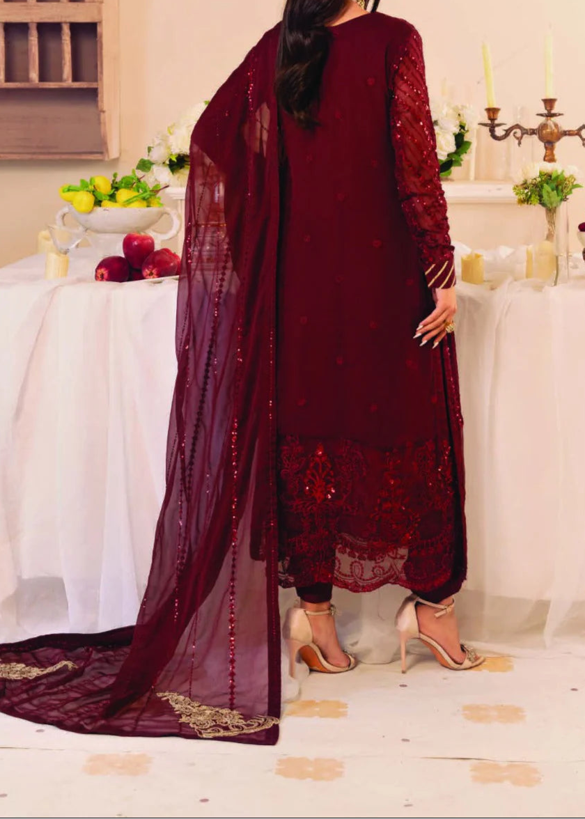 DEEP CLARET– Embroidered Chiffon Unstitched 3Pc Suit.