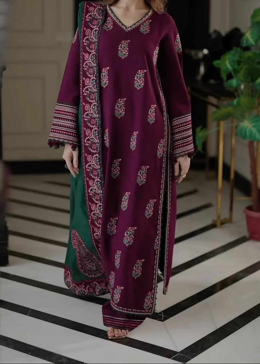 Grace Z-(W775 ) - Stitched Embroidered 3pc Marina Dress With Embroidered Marina Shawl.